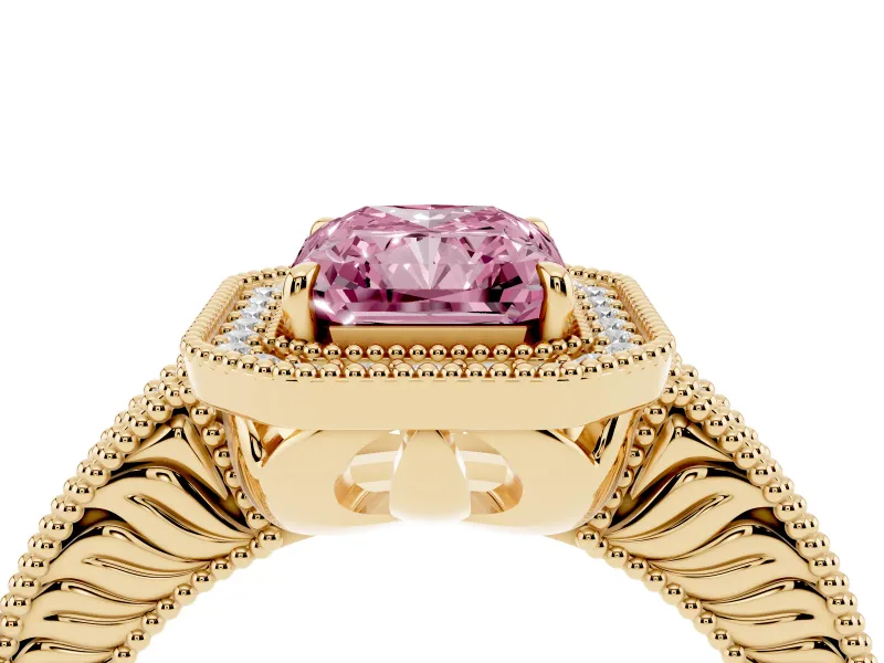 Fancy Pink Radiant Cut Diamond Halo Ring Set in Yellow gold with Round Accent Halo, Pavé Band and Prong Setting