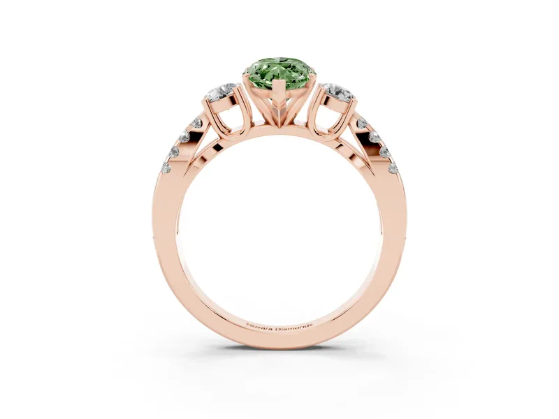Fancy Green Marquise Cut Diamond Three-Stone Ring Set in Rose gold with Pavé Split Shank and Prong Setting