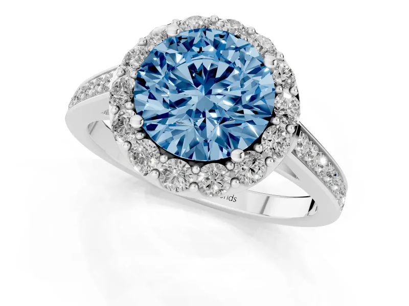 Fancy Blue Round Cut Diamond Floral Halo Ring Set in Silver with Pavé Band and Prong Setting