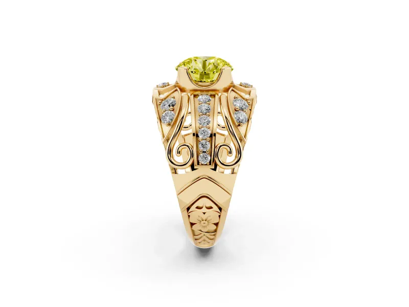 Round Art Deco Graduated Engagement Ring Setting for a Fancy Yellow Lab-Grown Diamond | Yellow Gold