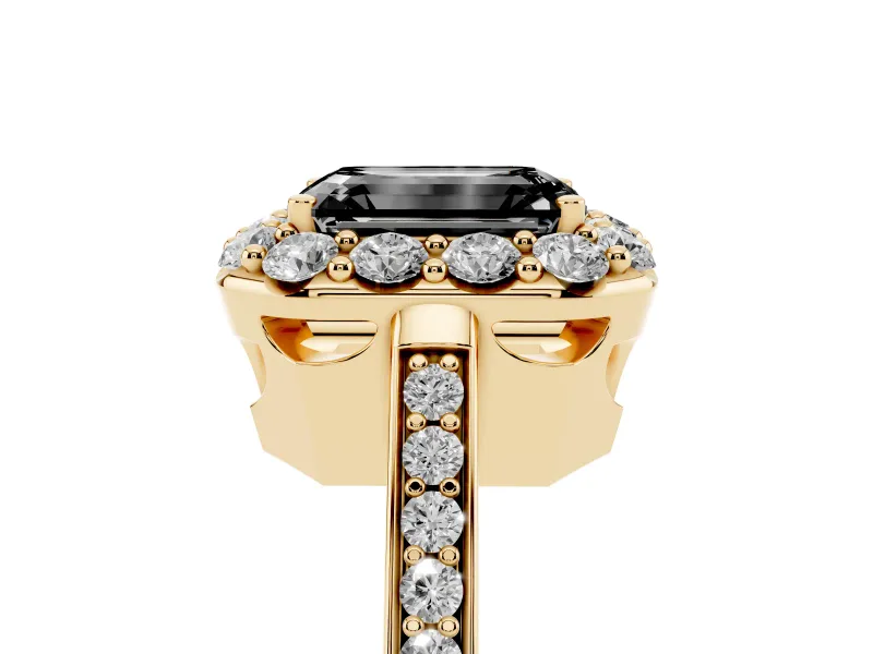 Fancy Black Emerald Cut Diamond Floral Halo Ring Set in Yellow gold with Pavé Band and Prong Setting