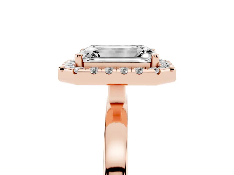Emerald Cut Diamond Halo Solitaire Ring Set in Rose gold with Pavé Band and Prong Setting