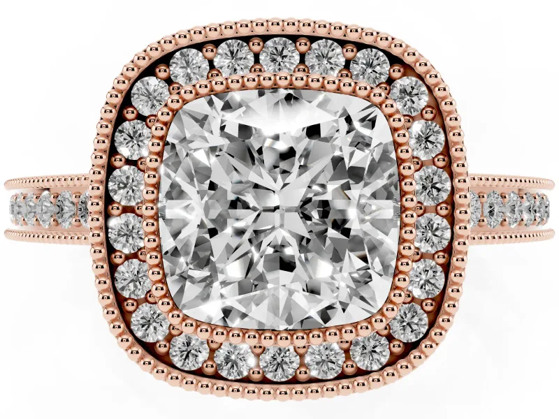 Cushion Cut Vintage Milgrain Halo Engagement Ring Setting | Filigree Gallery | Rose Gold