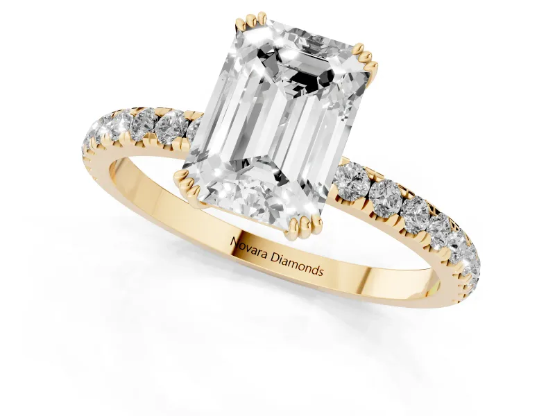 Emerald Cut Pave Solitaire Engagement Ring Setting | Double Claw Prongs | Yellow Gold