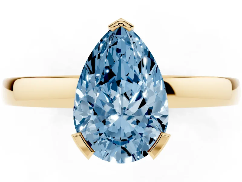 Fancy Blue Pear Cut Diamond Solitaire Ring Set in Yellow gold with Prong Head and Smooth Polished Band