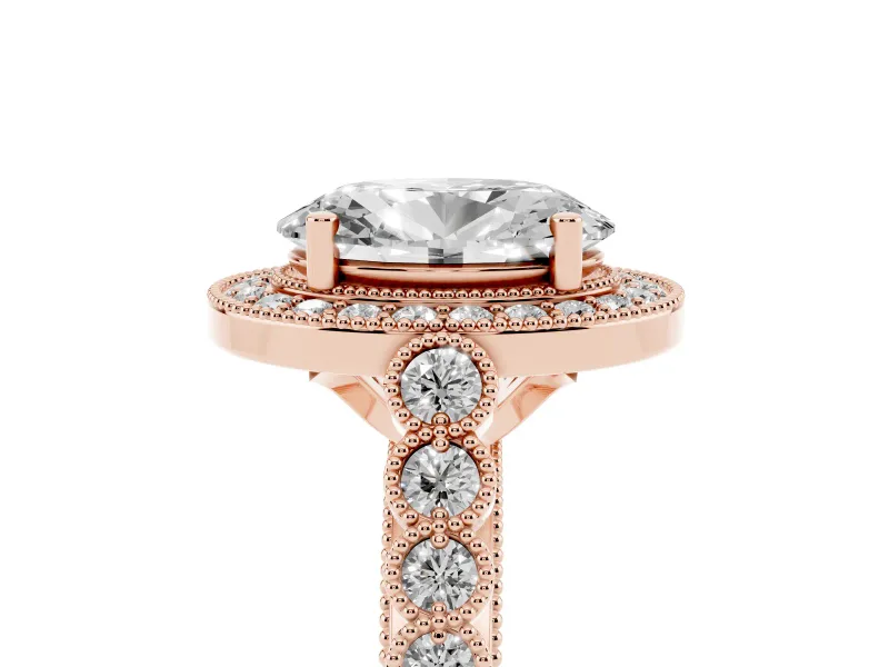 Oval Cut Diamond Milgrain Halo Solitaire Ring Set in Rose gold with Bezel Set Side Stones and Pavé Band