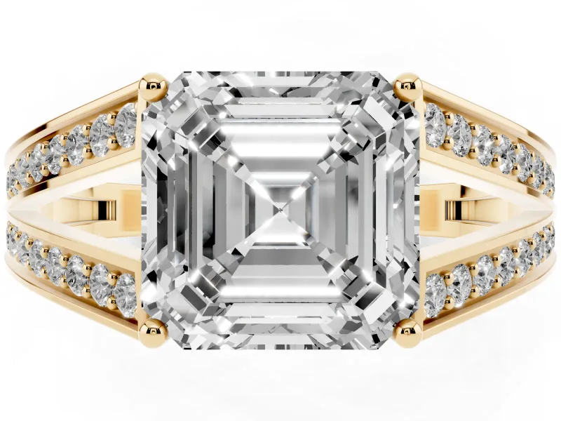 Asscher Cut Diamond Split Shank Ring Set in Yellow gold with Pavé Band and Prong Setting