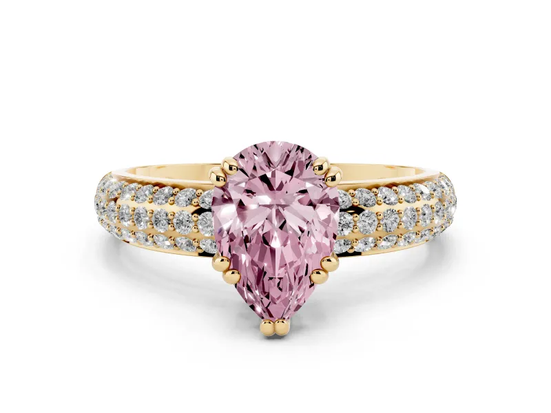 Fancy Pink Pear Cut Diamond Solitaire Ring Set in Yellow gold with Multi-Row Round Pavé Band and Prong Setting