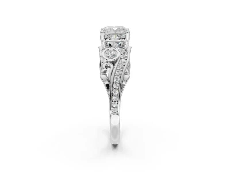 Cushion Cut Vintage Swirl Engagement Ring Setting | Bezel Side Accents | Platinum