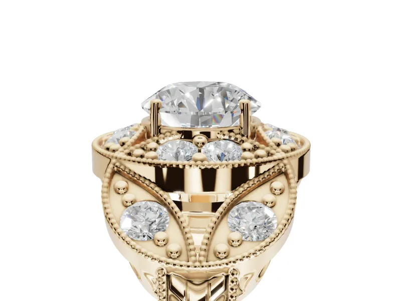 Round Vintage Floral Halo Engagement Ring Setting | Engraved Milgrain Band | Yellow Gold