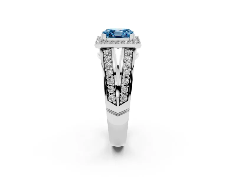Asscher Cut Halo Engagement Ring Setting for a Fancy Blue Lab-Grown Diamond | Two-Row Pave Split Shank | Platinum