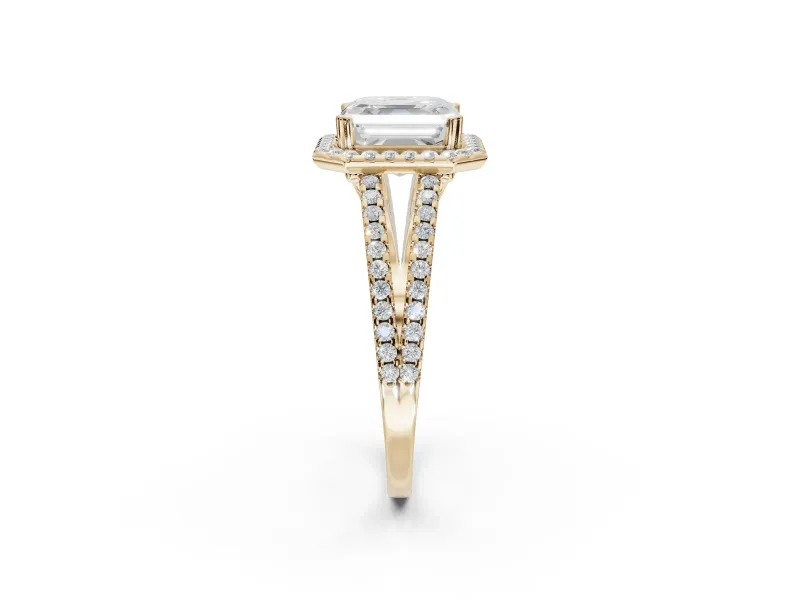 Asscher Cut Halo Split Shank Engagement Ring Setting | Pavé Shoulders | Yellow Gold