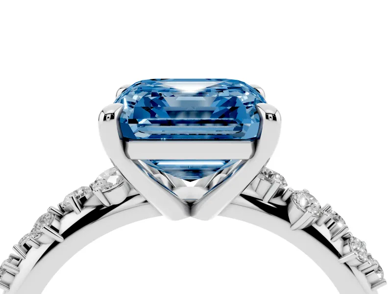 Fancy Blue Asscher Cut Diamond Solitaire Vine Band Ring Set in Platinum with Round Accents and Prong Setting