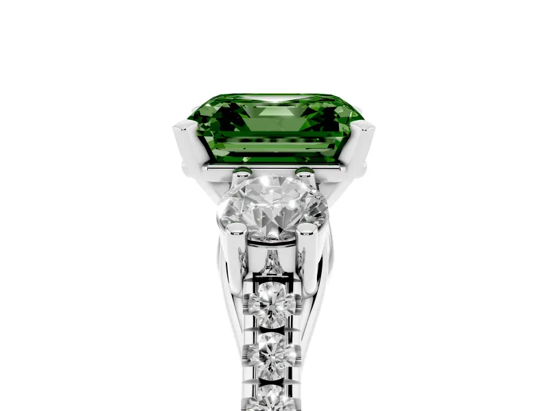Fancy Green Three-Stone Asscher Cut Diamond Pavé Band Ring Set in Silver with Prong-Set Trio