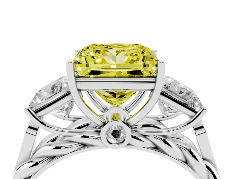 Fancy Yellow Princess Cut Diamond Three-Stone Ring Set in Platinum with Braided Band