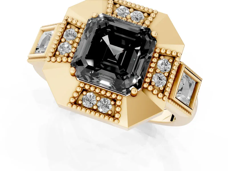Fancy Black Asscher Cut Diamond Milgrain Halo Ring Set in Yellow gold with Split Shank