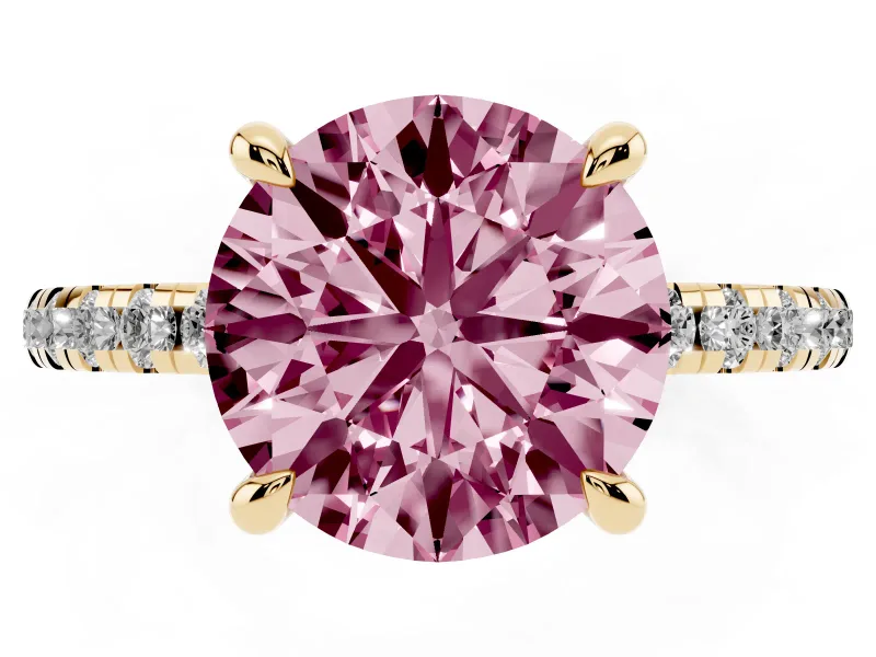 Fancy Pink Round Cut Diamond Brilliant Solitaire Ring Set in Yellow gold with Pavé Band and Prong Setting