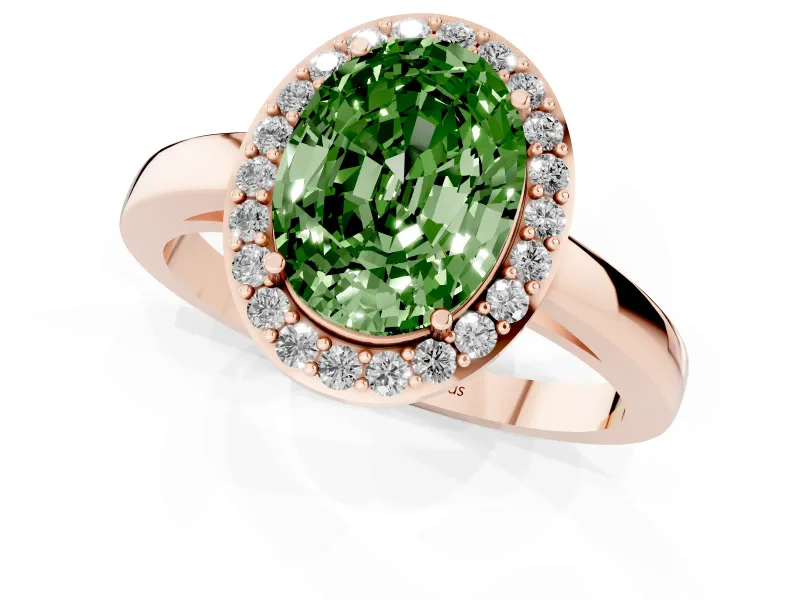 Fancy Green Oval Cut Diamond Halo Ring Set in Rose gold with Solitaire Band and Prong Setting