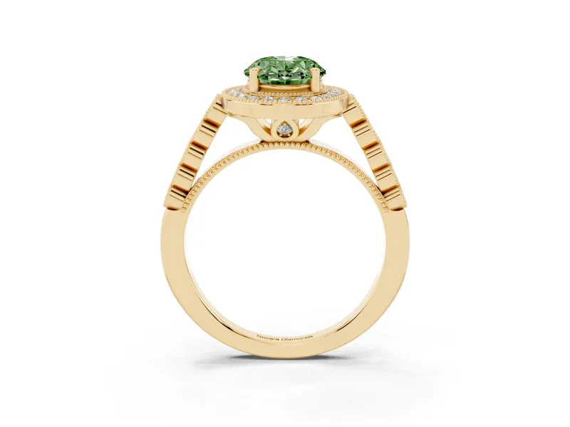 Fancy Green Oval Cut Diamond Milgrain Halo Solitaire Ring Set in Yellow gold with Bezel Set Side Stones and Pavé Band