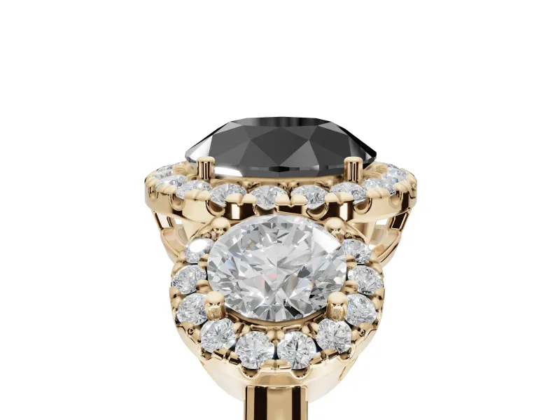 Round Three Stone Halo Engagement Ring Setting for a Black Center | Haloed Side Stones | Yellow Gold
