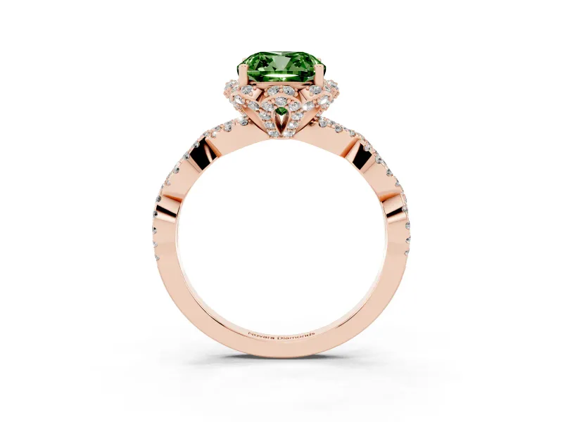 Fancy Green Cushion Cut Diamond Halo Twist Band Solitaire Ring Set in Rose gold with Prong-Set Center Stone