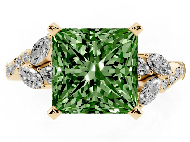 Fancy Green Princess Cut Diamond Solitaire Ring Set in Yellow gold with Marquise Twist Band and Prong Setting