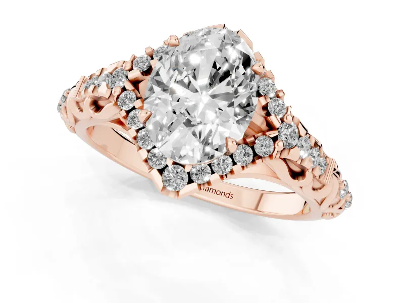 Oval Hidden Halo Filigree Engagement Ring Setting | Pavé Shoulders | Rose Gold