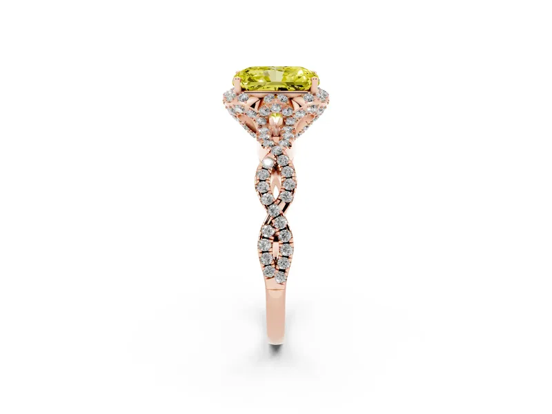 Radiant Cut Milgrain Halo Engagement Ring Setting for a Fancy Yellow Lab-Grown Diamond | Graduated Shoulders | Rose Gold