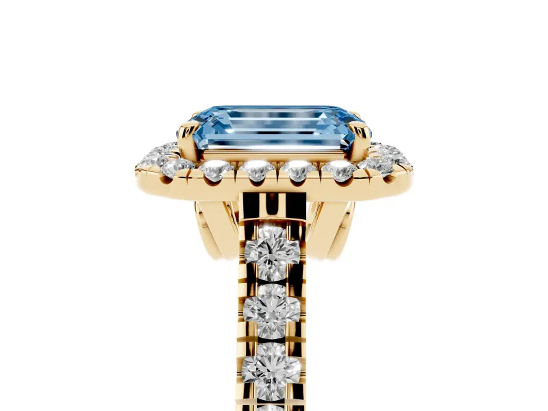 Emerald Cut Accented Halo Engagement Ring Setting for a Fancy Blue Lab-Grown Diamond | Yellow Gold