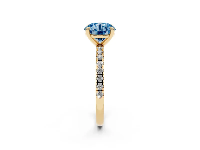 Round Petite Pavé Solitaire Engagement Ring Setting for a Fancy Blue Lab-Grown Diamond | Slim Band | Yellow Gold