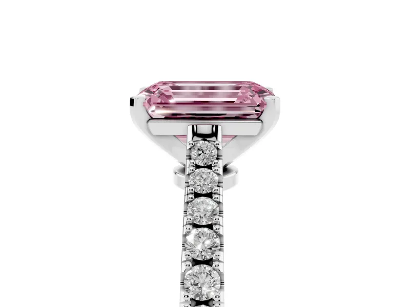 Fancy Pink Emerald Cut Diamond Solitaire Engagement Ring Set in Platinum with Delicate Pavé Band and Prong Setting