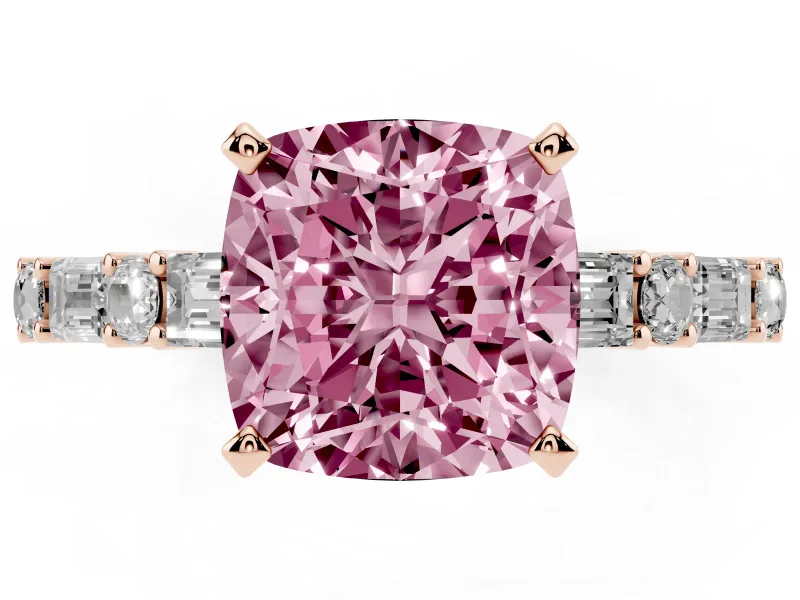 Fancy Pink Cushion Cut Diamond Solitaire Set in Rose gold with Side Baguettes and Channel Set Band