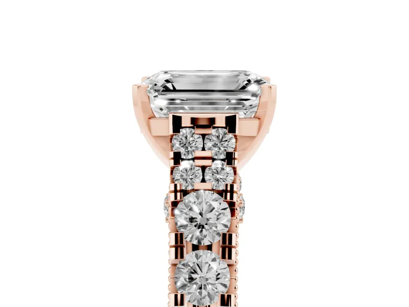 Emerald Cut Diamond Classic Solitaire Ring Set in Rose gold with Pavé Band and Prong Setting
