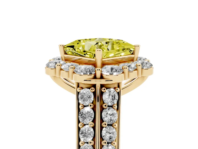 Fancy Yellow Princess Cut Diamond Halo Engagement Ring Set in Yellow gold with Split Shank and Prong Setting