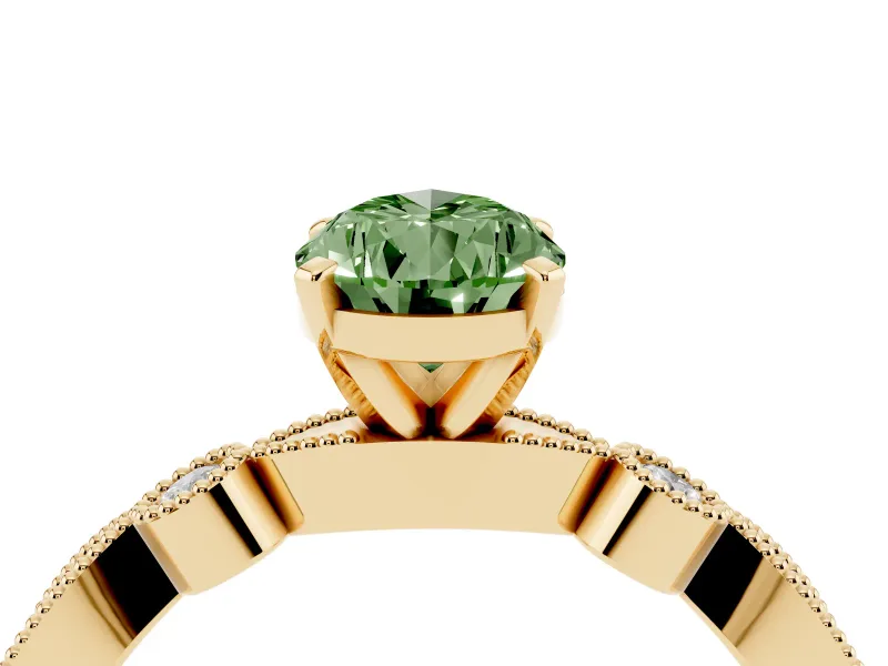Fancy Green Pear Cut Diamond Solitaire Engagement Ring Set in Yellow gold with Milgrain Bezel Accent Band