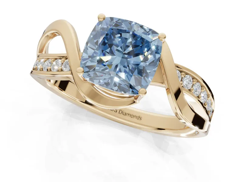 Cushion Cut Bypass Solitaire Engagement Ring Setting for a Fancy Blue Lab-Grown Diamond | Pavé Strands | Yellow Gold