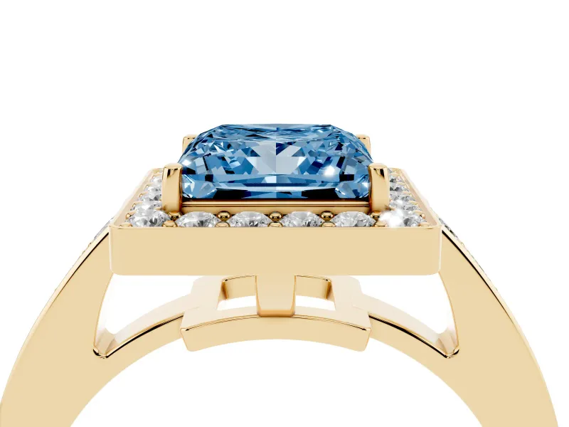 Fancy Blue Princess Cut Diamond Halo Pavé Engagement Ring Set in Yellow gold with Bezel Setting