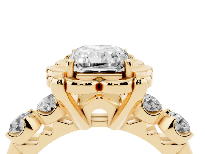 Radiant Cut Diamond Floral Halo Ring Set in Yellow gold with Shared Prong Band