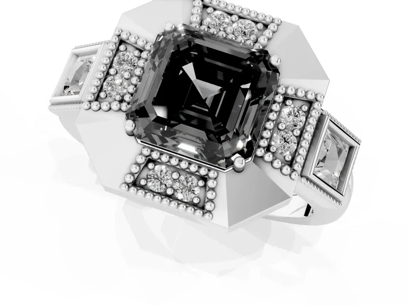 Fancy Black Asscher Cut Diamond Milgrain Halo Ring Set in Platinum with Split Shank