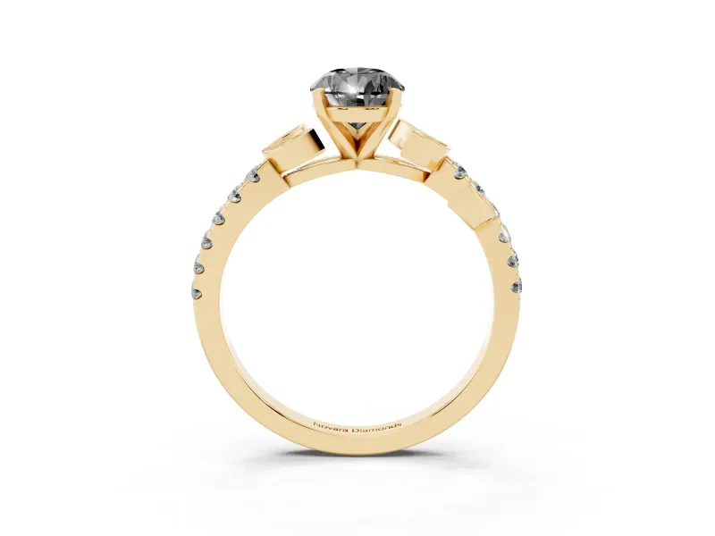 Fancy Black Pear Cut Diamond Solitaire Leaf-Inspired Ring Set in Yellow gold with Pavé Band and Prong Setting