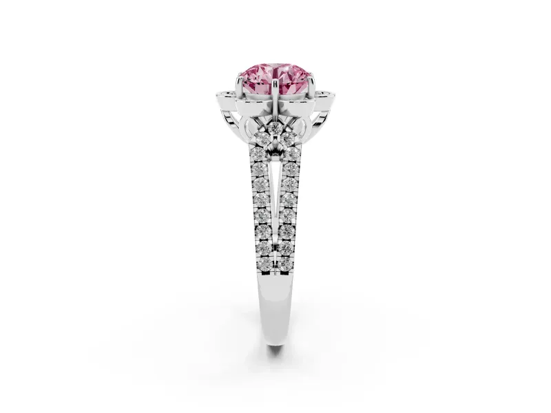 Round Floral Halo Engagement Ring Setting for a Fancy Pink Lab-Grown Diamond | Pavé Split Shank | Sterling Silver