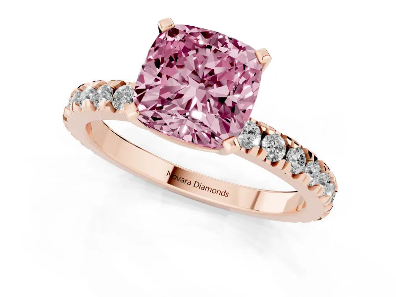 Fancy Pink Cushion Cut Diamond Pavé Band Solitaire Set in Rose gold with Prong Setting