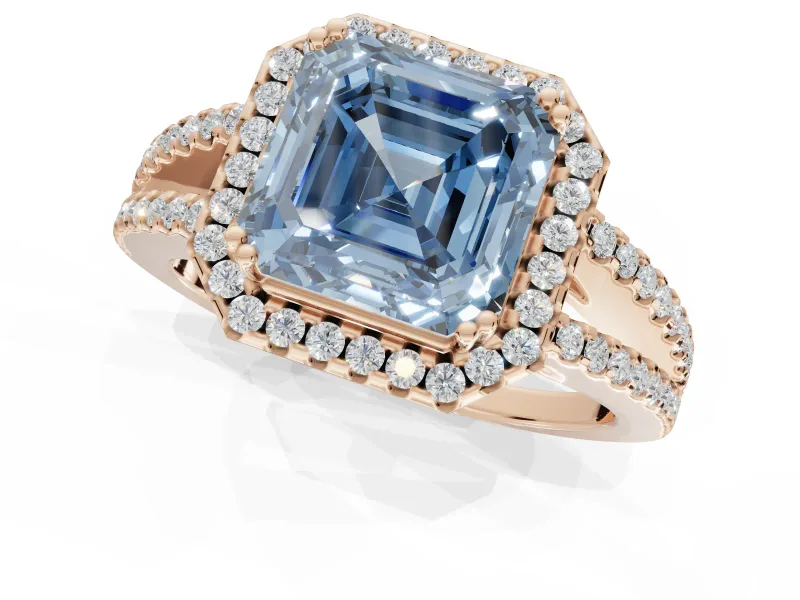 Asscher Cut Halo Split Shank Engagement Ring Setting for a Fancy Blue Lab-Grown Diamond | Pavé Shoulders | Rose Gold