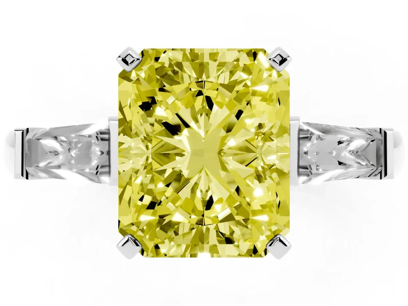Fancy Yellow Radiant Cut Diamond Solitaire Ring Set in Platinum with Tapered Baguette Side Stones and Prong Setting