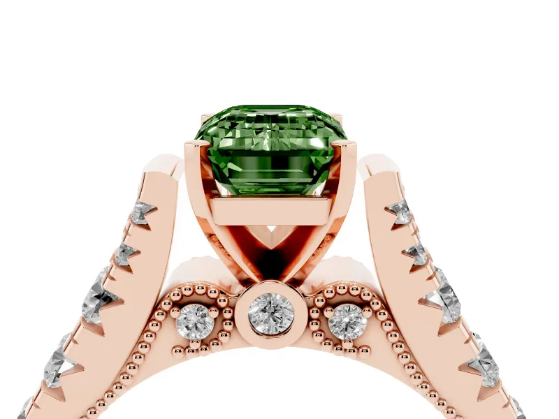 Fancy Green Emerald Cut Diamond Classic Solitaire Ring Set in Rose gold with Pavé Band and Prong Setting