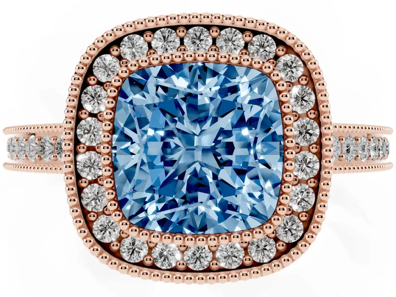 Cushion Cut Milgrain Halo Engagement Ring Setting for a Fancy Blue Lab-Grown Diamond | Rose Gold