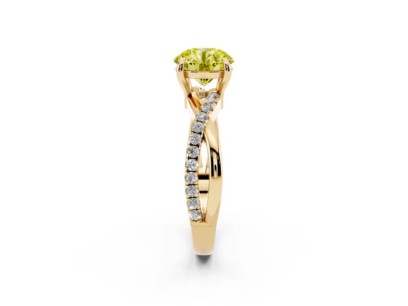 Fancy Yellow Round Cut Diamond Twist Band Solitaire Set in Yellow gold with Pavé Accents and Prong Setting