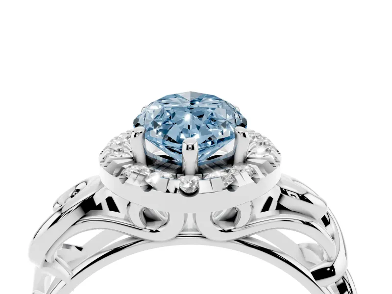 Fancy Blue Marquise Cut Diamond Halo Ring Set in Platinum with Scrollwork Band and Prong Setting