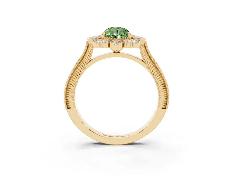 Fancy Green Pear Cut Diamond Halo Milgrain Pavé Ring Set in Yellow gold with Prong Setting