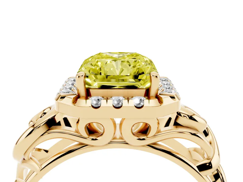 Fancy Yellow Radiant Cut Diamond Halo Ring Set in Yellow gold with Scrollwork Band and Prong Setting